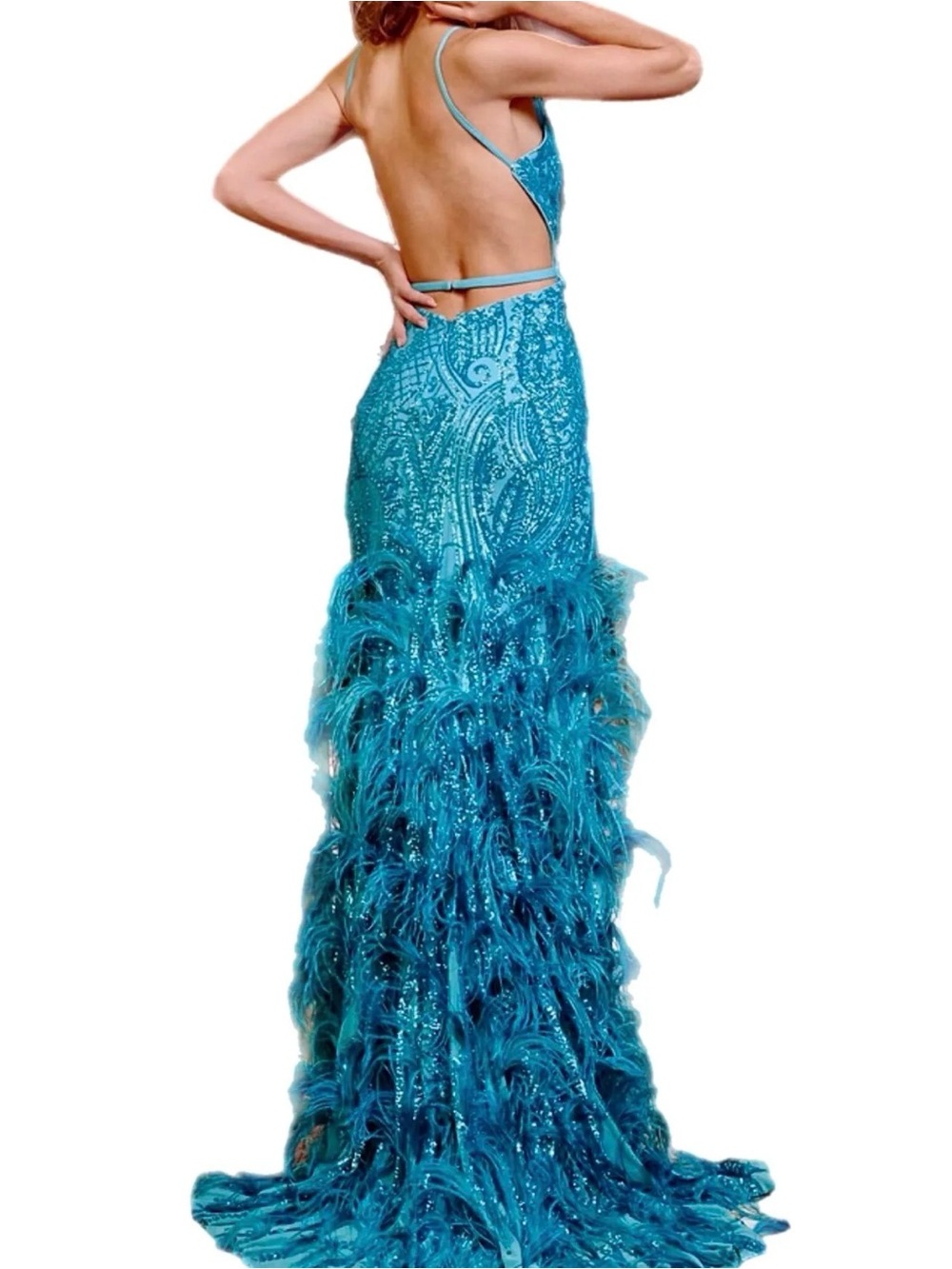 NWT Jovani $798 MSRP Turquoise Sequin & Beaded Feather Trim Floor Length Gown 14 - Picture 4 of 8
